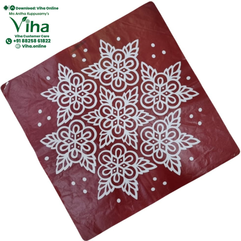 Rangoli Sticker - Kolam, a square maroon fabric featuring a white printed floral pattern and twenty-one white dots