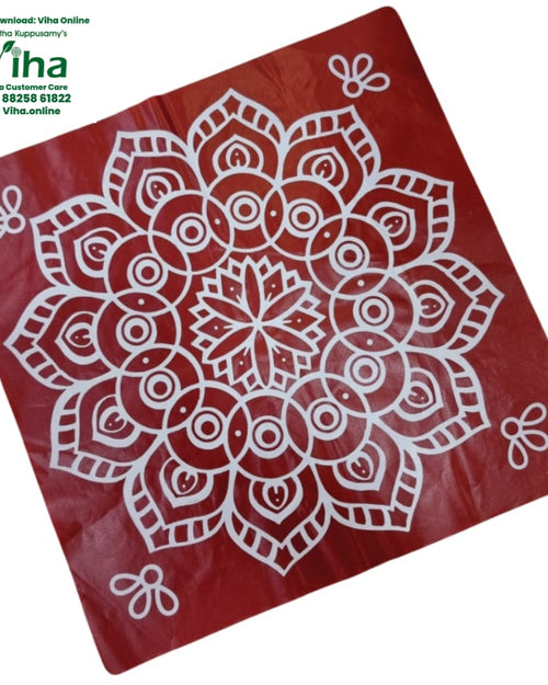 Rangoli Sticker - Rangoli, a square red mat with a matte surface, featuring a large white intricate mandala print and four small white corner motifs