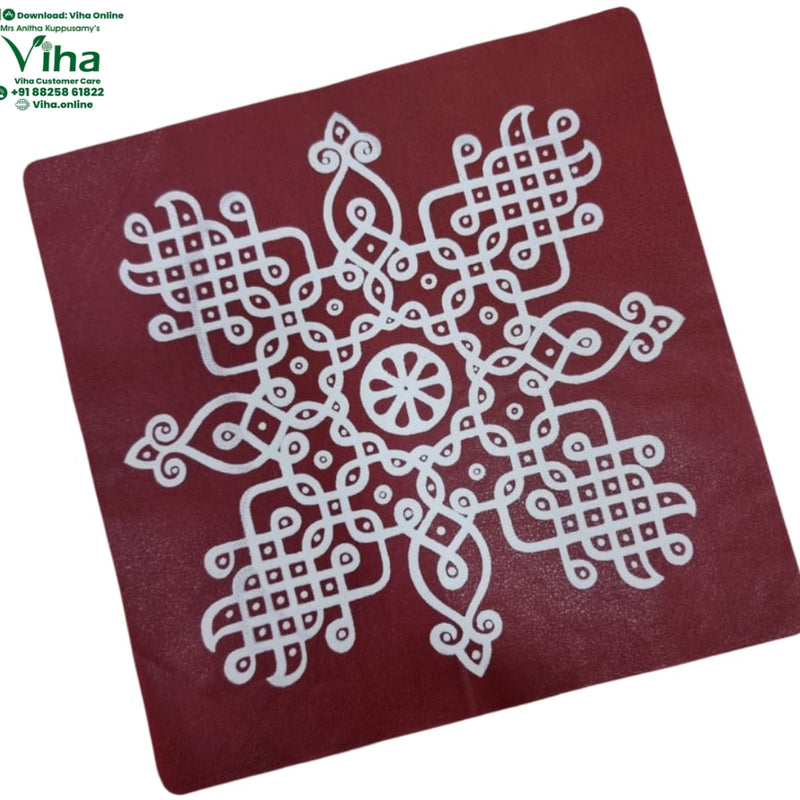 Rangoli Sticker - Kolam, a dark red square mat printed with a white interconnected geometric pattern featuring a central eight-petalled flower motif