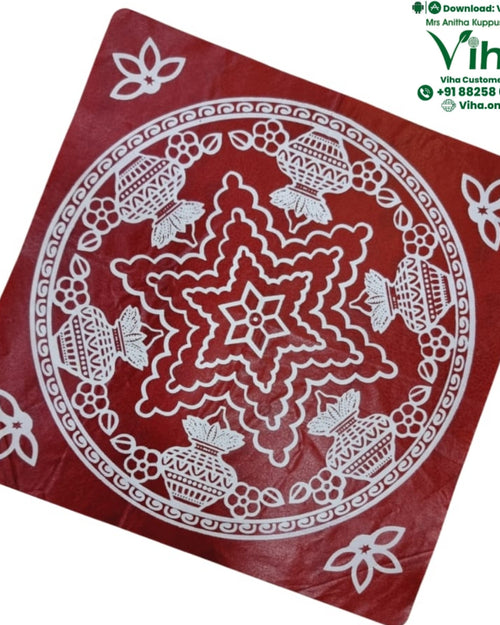 Rangoli Sticker - Kolam, a red square sheet features a white central star motif surrounded by four pots and circular patterns