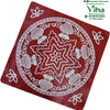 Rangoli Sticker - Kolam, a red square sheet features a white central star motif surrounded by four pots and circular patterns