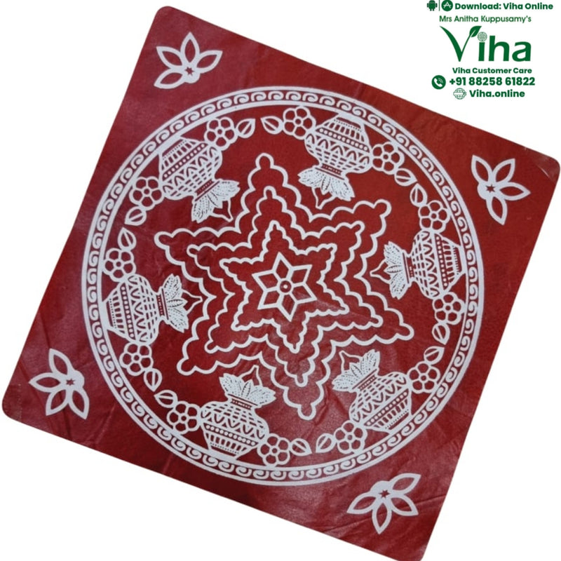 Rangoli Sticker - Kolam, a red square sheet features a white central star motif surrounded by four pots and circular patterns