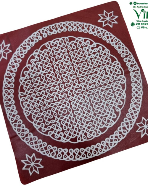 Rangoli Sticker Kolam, maroon sheet printed with a white kolam design in a round border