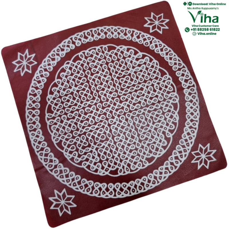 Rangoli Sticker Kolam, maroon sheet printed with a white kolam design in a round border