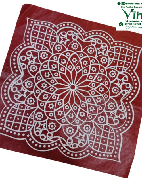 Rangoli Sticker - Kolam, a square red flat mat featuring an intricate white printed mandala pattern with geometric shapes and dotted lines