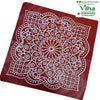 Rangoli Sticker - Kolam, a square red flat mat featuring an intricate white printed mandala pattern with geometric shapes and dotted lines