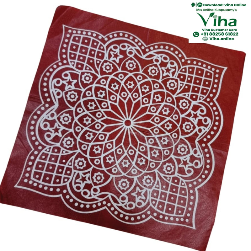 Rangoli Sticker - Kolam, a square red flat mat featuring an intricate white printed mandala pattern with geometric shapes and dotted lines