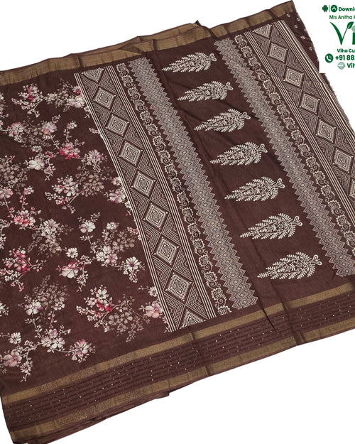 Cotton Silk Saree with Sequence, brown, white and pink with a floral print and geometric border