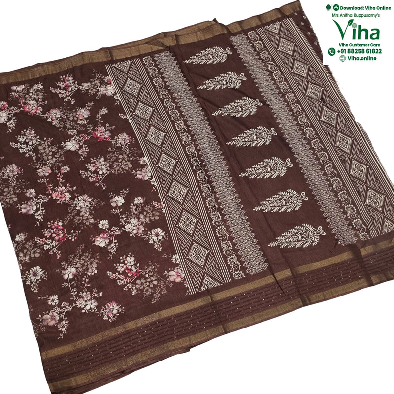 Cotton Silk Saree with Sequence, brown, white and pink with a floral print and geometric border