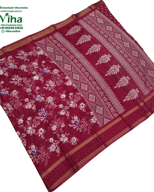 Cotton Silk Saree with Sequence, maroon with a floral pattern and geometric border