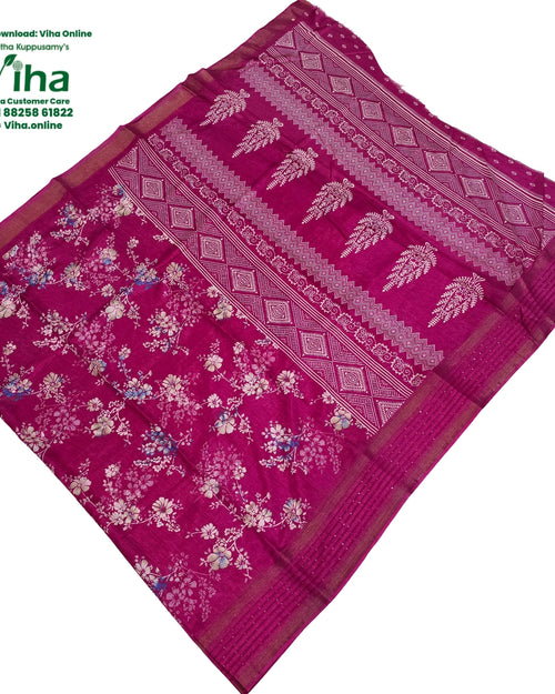 Cotton Silk Saree with Sequence, magenta with a floral pattern and diamond pattern border