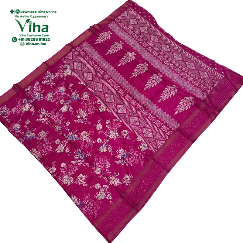 Cotton Silk Saree with Sequence, magenta with a floral pattern and diamond pattern border