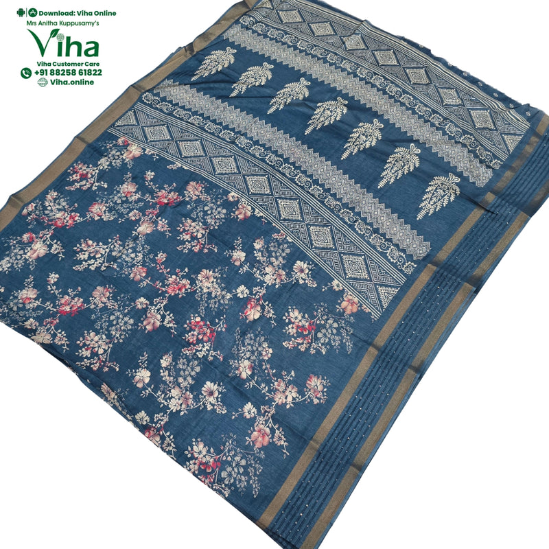 Cotton Silk Saree with Sequence with floral pattern and geometric border