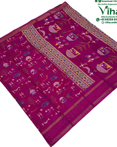 Cotton Silk Saree with Warli Design & Sequence, magenta with woven motifs of people, huts and trees