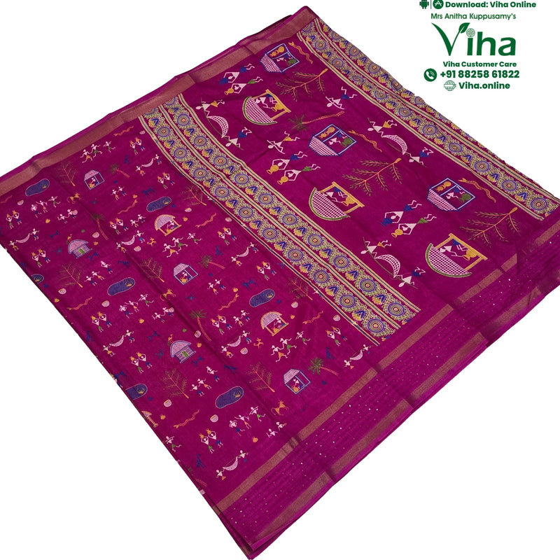 Cotton Silk Saree with Warli Design & Sequence, magenta with woven motifs of people, huts and trees