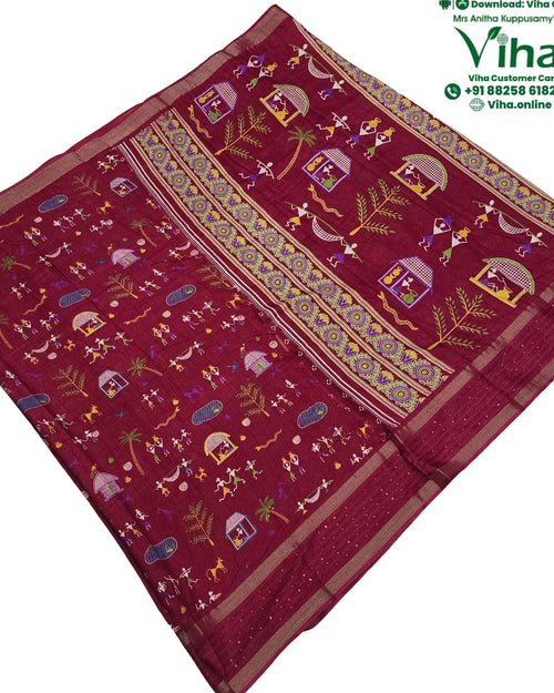 Cotton Silk Saree with Warli Design & Sequence, maroon with printed folk art motifs of human figures and houses