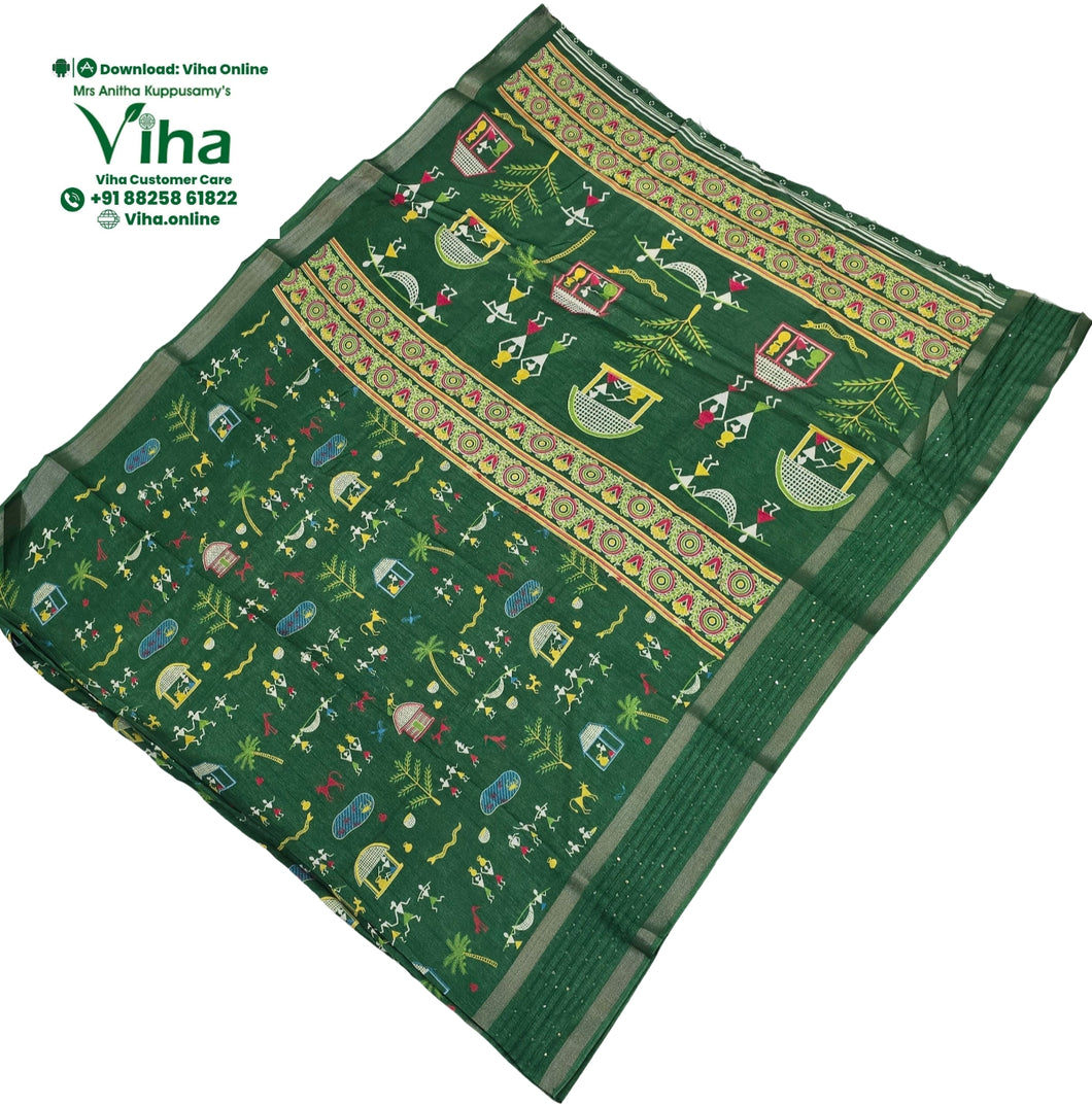 Cotton Silk Saree with Warli Design & Sequence