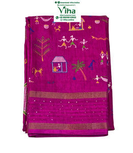 Cotton Silk Saree with Warli Design & Sequence