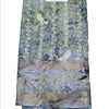 Cotton Silk Saree with Border, fold of blue, grey, and green fabric patterned with white birds, vertical dashed stripes, and floral vines