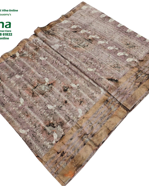 Cotton Silk Saree with Zari Border, grey and beige with printed bird motifs and patterned stripes