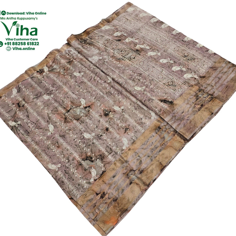 Cotton Silk Saree with Zari Border, grey and beige with printed bird motifs and patterned stripes