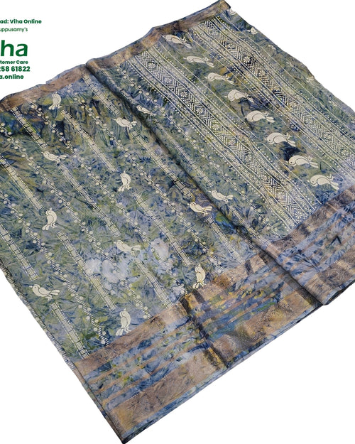 Cotton Silk Saree with Border, bird motifs and geometric patterned stripes