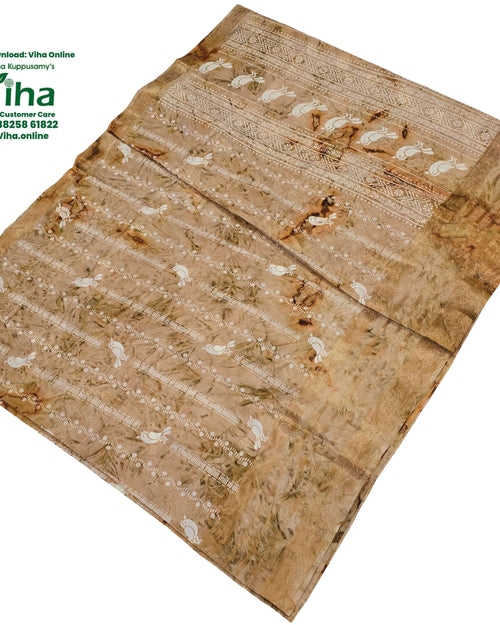 Cotton Silk Saree with Border, brown and beige with white bird motifs and striped borders