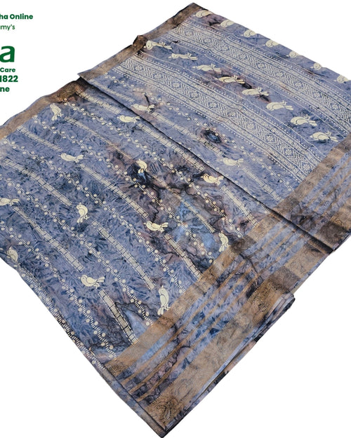 Cotton Silk Saree with Border, blue and grey with printed bird motifs and striped patterns