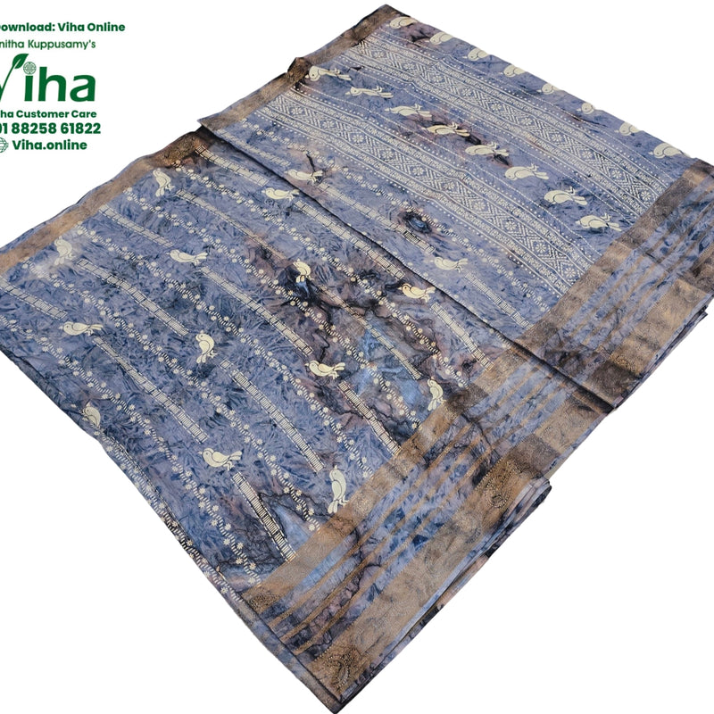 Cotton Silk Saree with Border, blue and grey with printed bird motifs and striped patterns