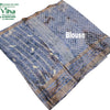 Cotton Silk Saree with Border, a folded grey-blue textile with intricate geometric patterns, bordered edges, and scattered white bird motifs