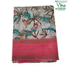 Fancy Cotton Silk Saree With Blouse, folded cream fabric with green and brown tropical leaf print and a pink border