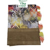 Fancy Cotton Silk Saree With Blouse, a folded multicolour fabric featuring floral prints and an olive-brown border with six rows of tiny dots and tassels