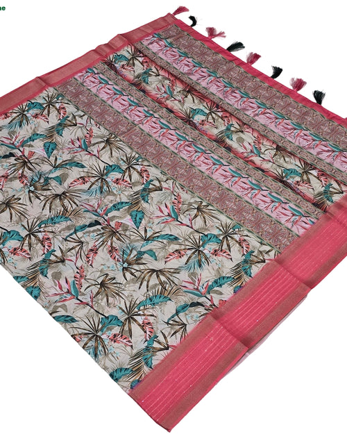 Fancy Cotton Silk Saree With Blouse with tropical leaf pattern and woven border