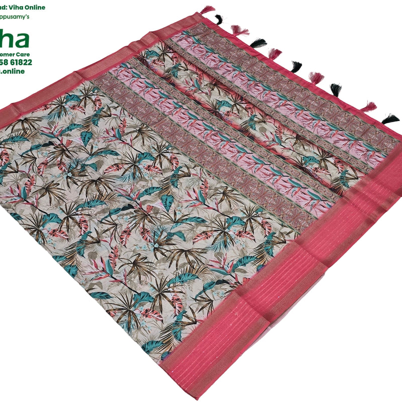Fancy Cotton Silk Saree With Blouse with tropical leaf pattern and woven border