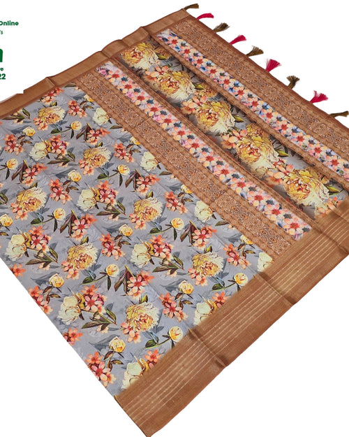 Fancy Cotton Silk Saree With Blouse with floral print and ornamental border
