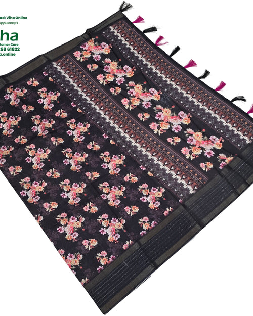 Fancy Cotton Silk Saree With Blouse, a black fabric with pink and yellow floral patterns and ten tassels on one side