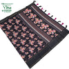 Fancy Cotton Silk Saree With Blouse, a black fabric with pink and yellow floral patterns and ten tassels on one side