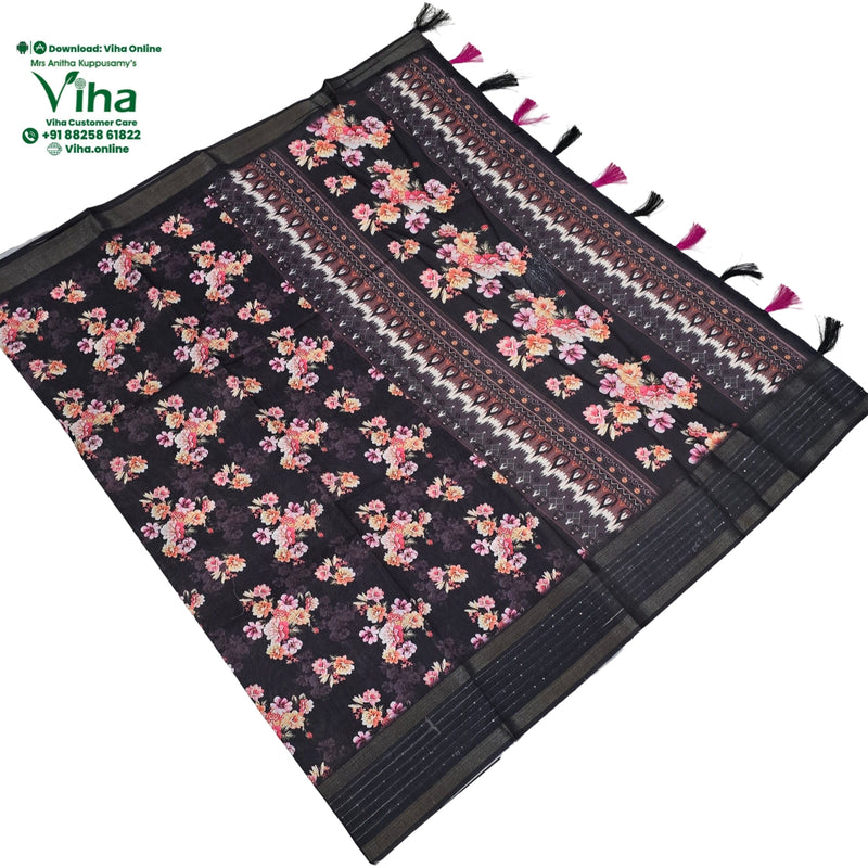 Fancy Cotton Silk Saree With Blouse, a black fabric with pink and yellow floral patterns and ten tassels on one side