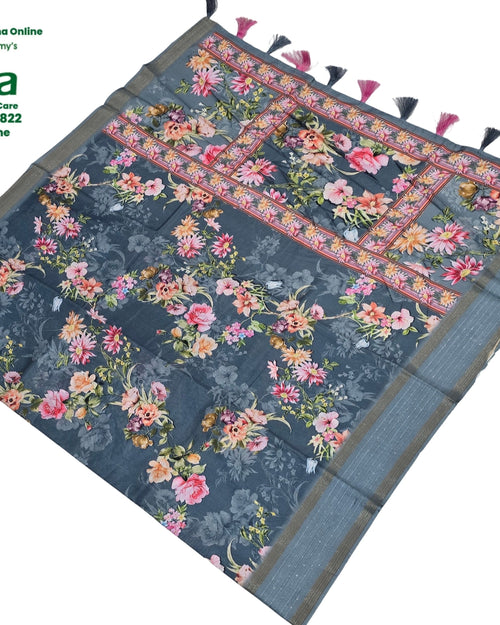 Fancy Cotton Silk Saree With Blouse with floral pattern and striped border