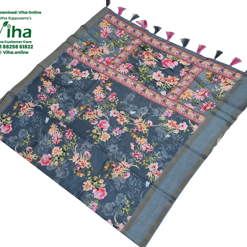 Fancy Cotton Silk Saree With Blouse with floral pattern and striped border