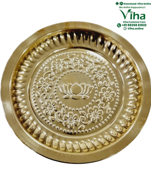 Lotus Designer Plate, brass plate with embossed lotus at the centre, rings of small flowers and a fluted outer rim