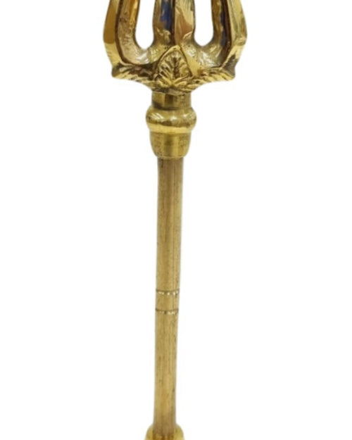 Trishool - Brass, a shiny gold-toned trident-shaped object on a straight stem with a round base