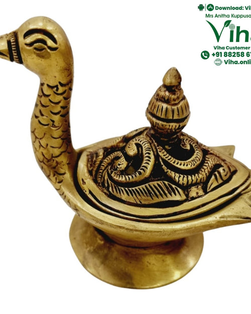 Duck Doop Stand, brass duck-shaped burner with long curved neck, scaled body, pierced domed lid and pointed tail