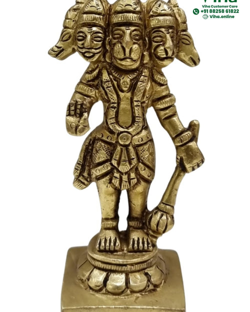Panchmukhi Hanuman in brass, five-headed standing figure with many arms holding a mace, on a lotus base