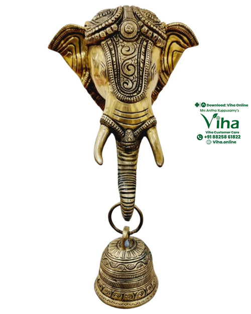 Ganesha Wall Hanger with Bell - Brass with detailed ornamentation on head and ears