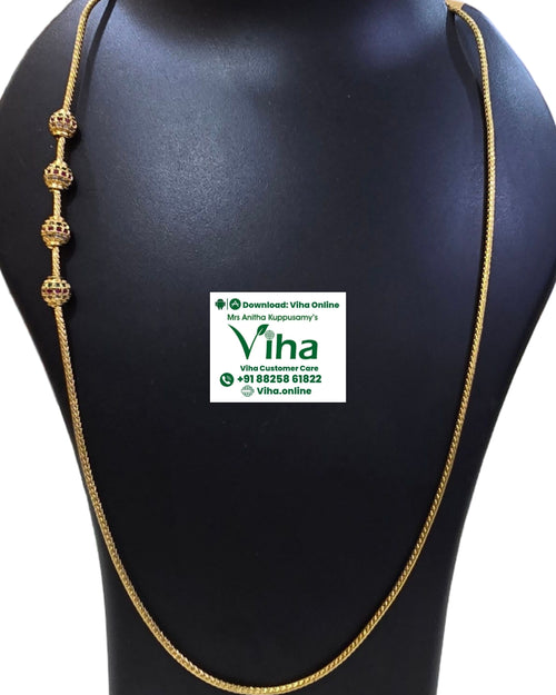 3 Colour Stone Impon Mugappu Chain, draped on a mannequin bust