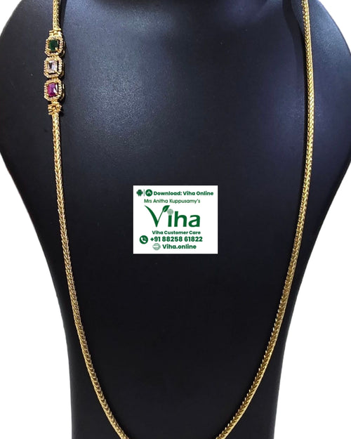 Tri Colour Stone Impon Mugappu Chain with woven design and three inset stones