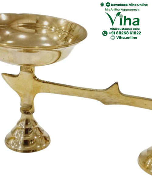 Dhoop Holder, brass stand with a wide shallow bowl on a flared bell foot and a long arm ending in a second bell foot