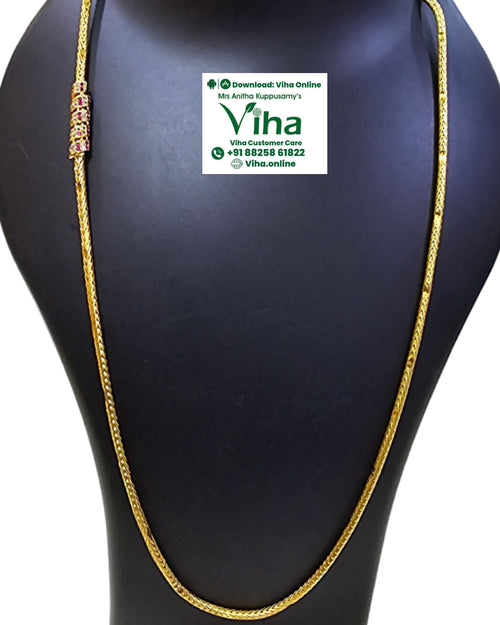 Impon Mugappu Chain with Red & White Stones, long woven chain draped over a mannequin