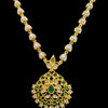 Impon Pendant Chain, a gold-toned necklace featuring heart-shaped white elements, a round floral pendant with green and clear stones, and a hanging white bead